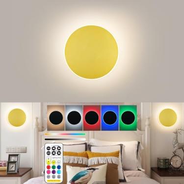 Imagem de Arandelas de parede operadas por bateria, luz de parede dourada recarregável estilo eclipse solar com controle remoto sem fio, regulável, 9 modos de cores, arandela de bateria sem fio, lâmpada de