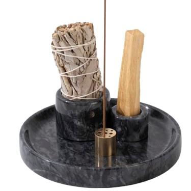 Imagem de FasolaHome Suporte de incenso de mármore 4 em 1, queimador de incenso de mármore natural para meditação, 9 furos de incenso adequados para a maioria dos tipos de incenso (preto)