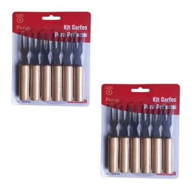 Imagem de Kit 12 Garfos Garfinhos P/Petisco Frios Em Inox Cabo Madeira - Purus U