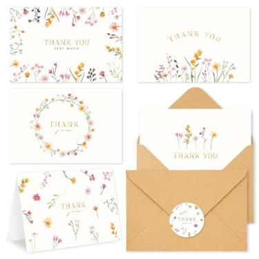 Imagem de FYSUIMU Pacote com 50 cartões de agradecimento de flores silvestres de primavera em caixa de ouro cartões florais com envelopes adesivos cartões de notas em branco para casamento, chá de bebê,