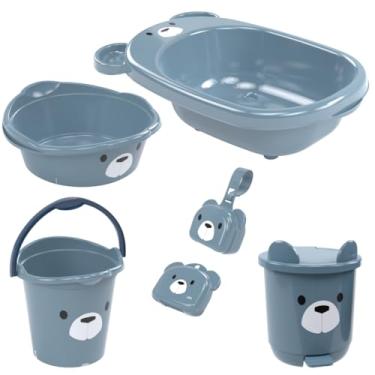 Imagem de KIT BANHEIRA DE BEBÊ DECORADA LUDICA PLASUTIL BACIA LIXEIRA BALDE SABONETEIRA PORTA CHUPETA (Azul)