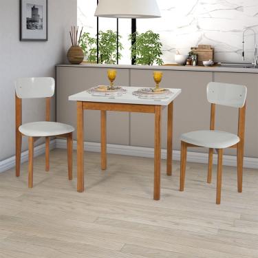 Imagem de Mesa de Jantar Base Madeira Maciça com 2 Cadeiras Elisa Ideal para Apartamenteo 80x80 Off White
