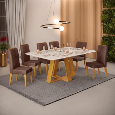 Imagem de Conjunto Sala de Jantar 6 Cadeiras Tampo Sem Vidro 170x90 dj Móveis Kiara Cedro Quartzo Yasmin Veludo Moca