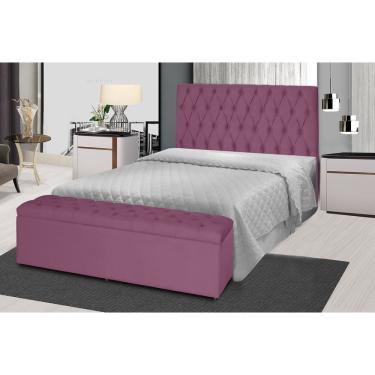 Imagem de Kit Cabeceira 100Cm p/ Cama Box Solteiro + Baú 100Cm Calçadeira Estofada Jade Suede Rosa