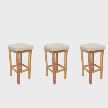 Imagem de Kit 03 Banqueta Alta Ben Gourmet Balcão Bistrô Cozinha Base Madeira Maciça Sintético Bege - Ahz Móveis