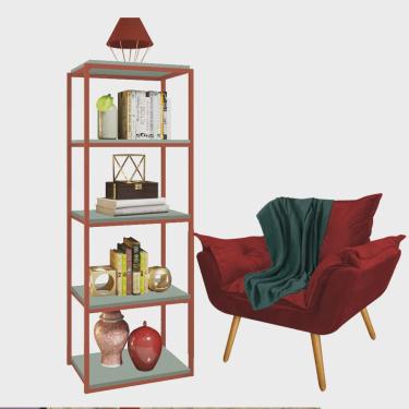 Imagem de Kit Poltrona Fatte com Manta Soft Verde e Estante Livreiro Ferro Bronze mdf Verde Oliva Suede Vermelho - Ahazzo Móveis