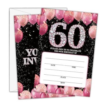 Imagem de Beshoul Convites de aniversário de 60 anos - Convites de aniversário de balão com envelopes (25 unidades) - Cartões de convite preenchidos com glitter rosa para decorações de lembrancinhas de festa -