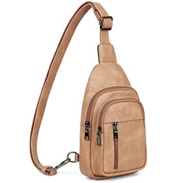 Imagem de MASINTOR Bolsa tiracolo feminina – pochete com couro vegano – Alça ajustável para viagens, Marrom camelo, Transversal