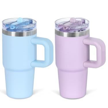 Imagem de Cosictic Copo de canudo flip de 400 ml com alça para crianças, copo isolado de parede dupla de aço inoxidável para crianças com tampa flip top, copos à prova de vazamento de 400 ml para crianças, azul