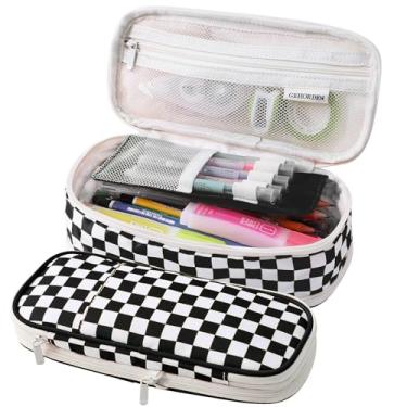 Imagem de GEHORDEN Estojo Grande Com Zíper E Bolsa Xadrez Para Canetas Adolescentes, Meninas Meninos (Preto)