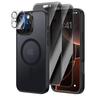 Imagem de [4 em 1] Capa magnética para iPhone 16 Pro Max, 2 películas protetoras de tela de privacidade e 1 protetor de câmera fotográfica, adequado para MagSafe, capa de grau militar, à prova de choque