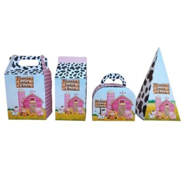 Imagem de Kit Festa 32 Caixinhas Personalizadas Fazendinha Rosa Lembrancinhas Aniversário