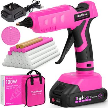 Imagem de ThinkLearn Pistola de Cola Quente, Pistola de Cola Sem Fio Rosa de 20 V com 30 Unidades de Bastões de Cola de Tamanho Completo, Kit de Pistola de Cola de Bateria Recarregável de 2Ah para Faça Você Mes