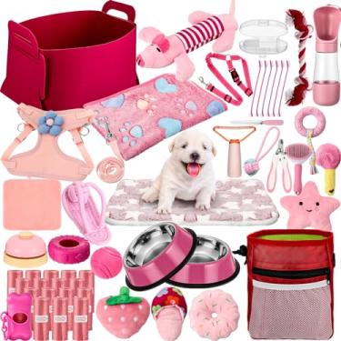 Imagem de Abbylike Kit iniciante de 50 peças para cães pequenos, inclui coleira, tigelas, escovas de dentes, garrafa de água e mais acessórios para cães, presente de boas-vindas de Natal (rosa)