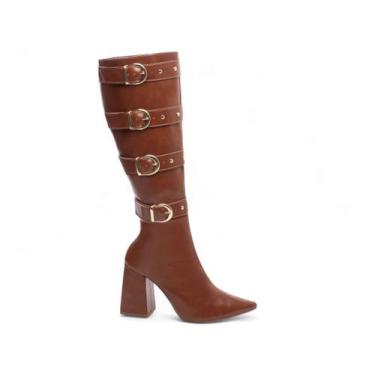 Imagem de Bota Cano Longo Salto Alto Grosso 9cm Bico Fino Feminina com Ziper e F