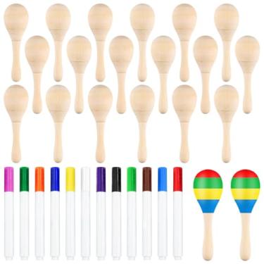 Imagem de BOUBONI 20 peças de maracas de madeira faça você mesmo para crianças, mini maracas para lembrancinhas de festa mexicana com 12 canetas de tinta acrílica, suprimentos de festa Cinco de Mayo