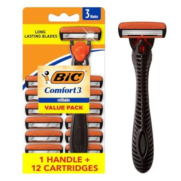Imagem de BIC Comfort 3 barbeadores descartáveis de três lâminas recarregáveis para homens, pele sensível para um barbear confortável, 1 cabo e 12 cartuchos com 3 lâminas, kit de 13 peças