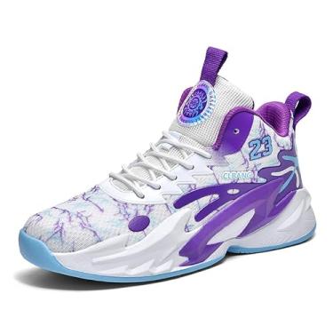 Imagem de Bolognifi Tênis de basquete masculino de cano alto com amortecimento e suporte respirável para treinamento esportivo juvenil Equipamento de basquetebol(White Purple 03,33 BR)