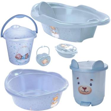 Imagem de Kit banheira de bebê decorada ludica plasutil 6 peças + bacia + lixeir