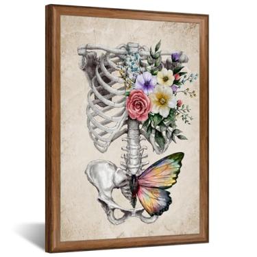 Imagem de KREATIVE ARTS Arte de parede em tela de caveira humana vintage estampa floral de esqueleto de borboleta com moldura marrom para quarto sala de estar Halloween decoração gótica pintura vertical pronta