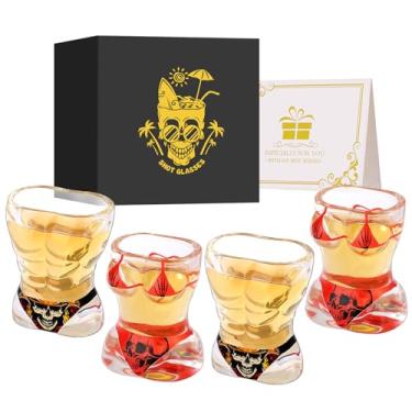 Imagem de Muscle Man & Bikini Copos de shot de vidro, design de caveira de personalidade, 30 ml copos de shot de base pesada conjunto de 4 com caixa de presente para doses de álcool, vodka, expresso, tequila e