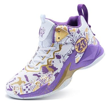 Imagem de Tênis de basquete masculino de cano alto com suporte de amortecimento de malha respirável e sola antiderrapante(White-purple-2,37 BR)