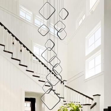 Imagem de CHYING Lustre Moderno Preto De Led, Teto Alto Grande, Controle Remoto, 12 Luzes, Altura Ajustável, Pendente Para Escada, Sala Estar, Hall Entrada, 3000K-6000K