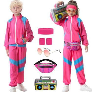 Imagem de TIMSOPHIA 80s Tracksuit for Kids, 90s Outfits Boys Girls Hip Hop Dance Costume for Retro Theme Party, Pink, 11-12 years