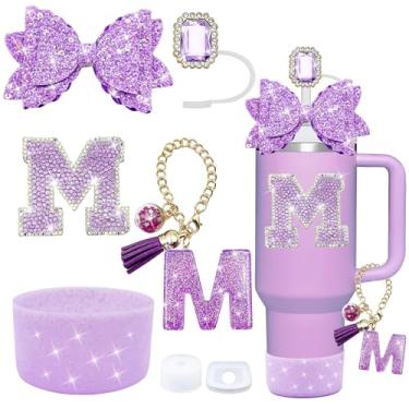 Imagem de Conjunto de acessórios de copo Stanley roxo de 7 peças, decorações de iniciais para Stanley Cup 850.5 g 1,134 g, inclui cobertura de canudo de joia, tampa à prova de derramamento, pingente de alça