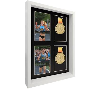 Imagem de MedalAwardsRack Expositor Shadow Box (4 Medalhas), Montado Na Parede, Vidro Temperado, Moldura De Madeira, Para Maratona, Triatlo E Muito Mais - Branco