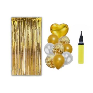 Imagem de 2 Cortinas 9 Balões Coração Brinde Bomba de Ar Dourado - Partiufesta