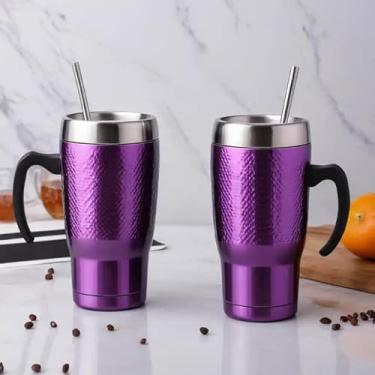 Imagem de Caneca Térmica Parede Dupla em Aço Inox Roxa 400ml com Canudo - Estilo Texturizado