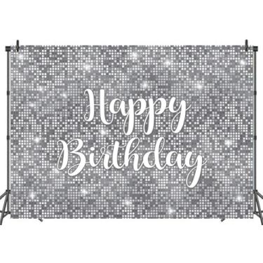 Imagem de LTDKAEN Pano de fundo de aniversário quadrado com flash de prata, brilhante, prata, feliz aniversário, doce, 16, 18, 21, 30, fotografia, estúdio, adereços, suprimentos banner 2,4 x 1,8 m