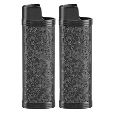 Imagem de Capa de Isqueiro Com Padrão Botânico de Metal Vintage, Suporte de Manga Estilo retrô para Isqueiro BIC de Tamanho Completo, Capa Protetora de Liga de Zinco para Isqueiros (BLACK)