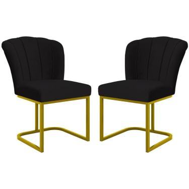 Imagem de Kit 2 Cadeiras Poltrona Flor Pés Metal Dourado Mesa Quarto Cozinha Preto