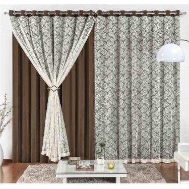 Imagem de Cortina Yasmin 2 Metros Tabaco Tecido Malha Com Renda Floral Sala Ou Q