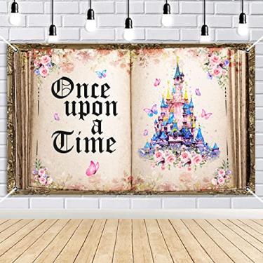 Imagem de AIBIIN Once Upon a Time Banner Livros de Contos de Fadas Pano de Fundo Castelo Rosa Floral Princesa História Romântica Antigo Livro de Abertura Foto Fundo de Casamento Chá de Bebê Decorações de Festa