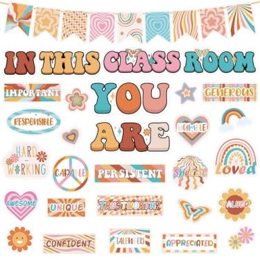 Imagem de VABAMNA Decoração De Quadro Avisos Boho, Retrô Para Sala Aula, 30 Peças, Inspiradora Afirmação, Margaridas, Placas Florais Arco-Íris Professores, Material Escolar, Rosa Vibrante