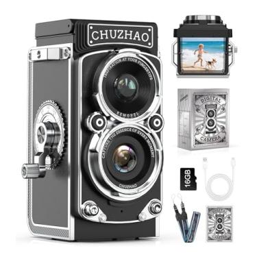 Imagem de Câmera digital retrô CHUZHAO, câmera vintage de lentes duplas estilo TLR portátil, foco automático de 12 MP 1080p FHD ponto e bolso para disparar, câmeras digitais retrô com cartão de 16 GB para