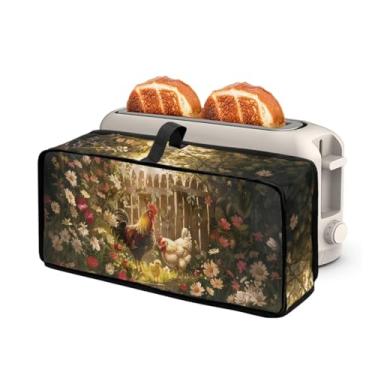 Imagem de NETILGEN Capa de forno de torradeira fina de galo floral Farmhouse, ajuste universal para a maioria das 2 fatias padrão capa de máquina de fazer pão com fenda longa para cozinha, pequeno