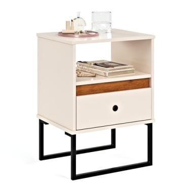 Imagem de Mesa De Cabeceira Criado Mudo Box 1 Gaveta Quarto Cama Pés Aço Industrial (Off White)