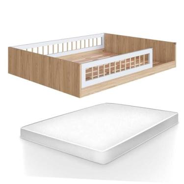 Imagem de Cama Casal Infantil com Colchão Montessoriana para Menino e Menina com Grade de Proteção Lateral Aveiro Oak Branco