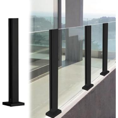 Imagem de Postes De Balaustrada De Vidro Balaustrada De Vidro Para Balada Poste De Corrimão De Vidro Resistente Para Varanda, Corrimão De Poste De Cerca De Piso De Madei, Black End Post, H-85cm/33.5in