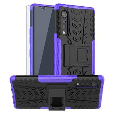 Imagem de SKTGSLAMY Capa de veludo para LG, com protetor de tela HD, [à prova de choque] Capa protetora resistente de camada dupla híbrida com suporte para LG Velvet 5G (roxa)