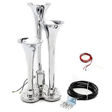 Imagem de Viping Buzina de ar para carro, prata, buzina de três tubos, fileira dupla, válvula solenoide de 12 V 160 DB, controle eletrônico, impermeável, alto-falante grande, buzina, apito, som do carro para