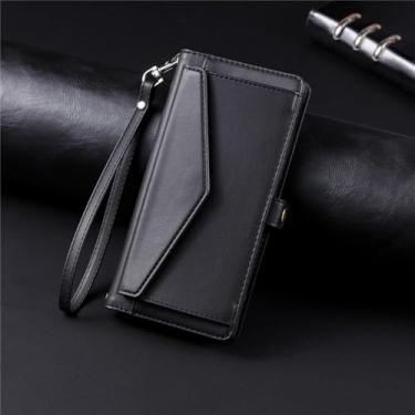 Imagem de HJZSZX Para iPhone 12 Mini Long Lanyard Couro Carteira Cartão Telefone Capa Mão Corda Flip Cover (Para iPhone 12 Mini/preto)