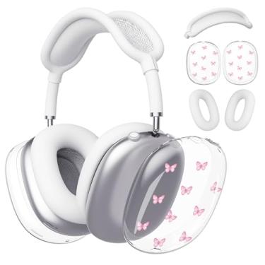 Imagem de BlHMCASE Capa de fone de ouvido para AirPods Max, capa de fone de ouvido transparente borboleta rosa fofa, capa de silicone branca para fones de ouvido para Apple AirPods Max