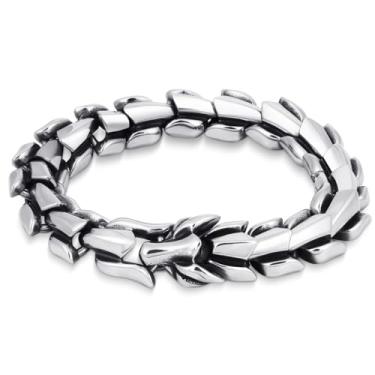 Imagem de LuxGoth Pulseira de aço inoxidável Ouroboros Jormungandr Snake Heavy Cuban Link Chain Bracelet Gothic Punk Rock Biker Vintage Viking Dragon Franco Link Curb Bracelet Jewelry for Men Silver