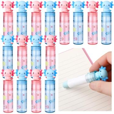 Imagem de Gersoniel 16 peças de borrachas para lápis axolote deslizantes retráteis rosa azul animais fofos borrachas axolotl suprimentos de festa de aniversário para amantes de anfíbios presentes escola