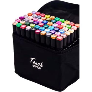 Imagem de Conjunto de Canetas Marcador Permanente Canetinhas para Colorir Touch com Ponta Dupla para Desenhos Profissional e Escolar com Duas Pontas Hidrográficas com Estojo para Transporte Brashopmall® (60)